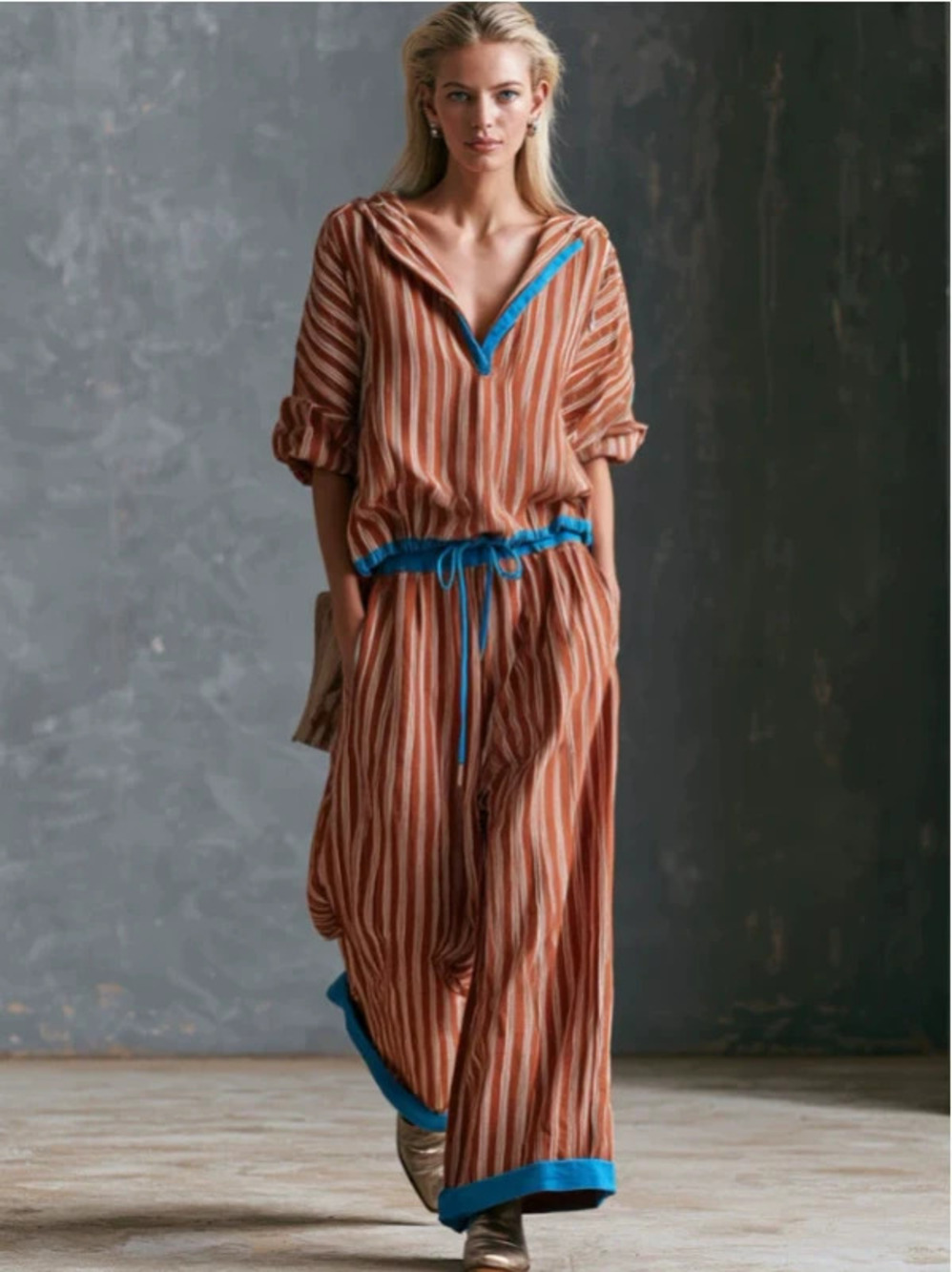 Casual Retro Color Block Maroon Hooded Long Sleeve Top and Pants Set